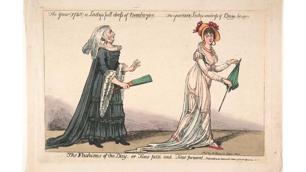 19th century satirical printmakers enjoyed highlighting the perils of muslin dresses, such as the risk of appearing nude in strong sunlight, wind or rain (Credit: Alamy)