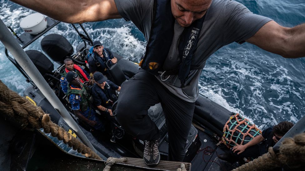 The Sam Simon's smaller speedboats ferried Gambian Navy troops to inspect a Chinese fishing vessel (Credit: Fábio Nascimento/The Outlaw Ocean Project)