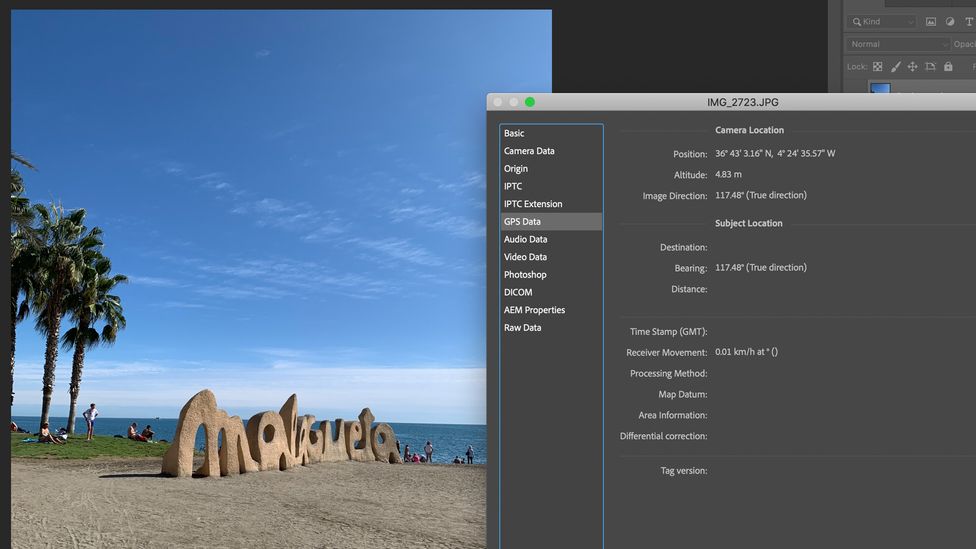 A view of photo location metadata inside Adobe Photoshop (Credit: Javier Hirschfeld)