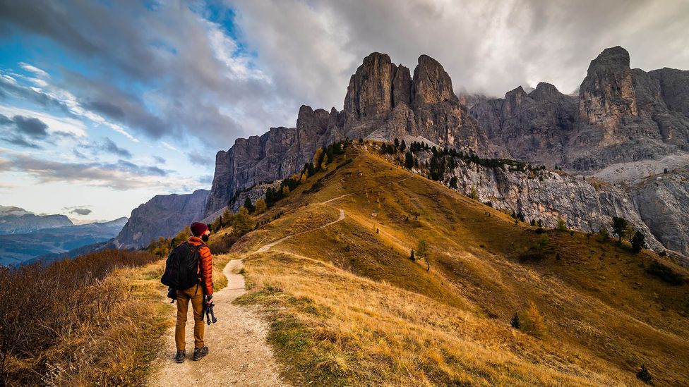 man with brown backpack exploring nature in spring, walking alone