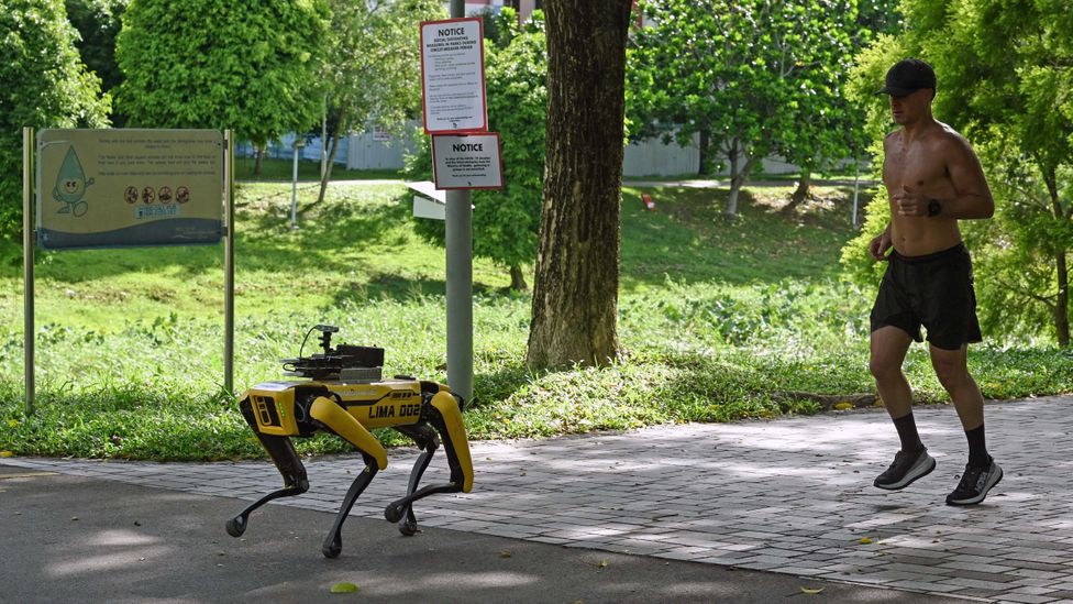 Robot dogs broadcast recorded messages reminding people to observe safe distancing in public spaces (Credit: Roslan Rahman/Getty Images)