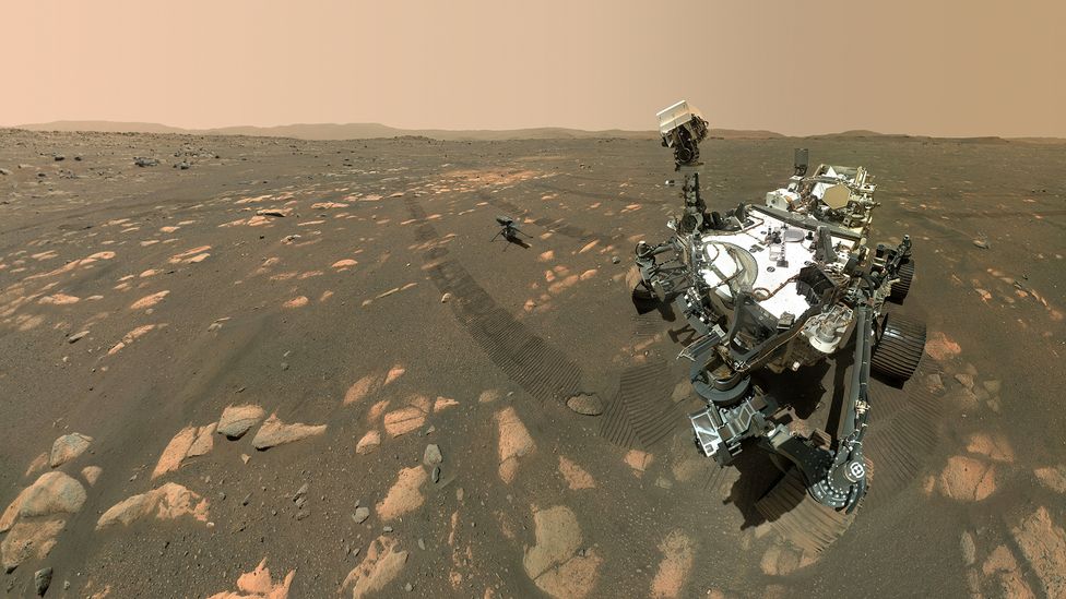 Nasa's most recent rover to Mars, Perseverance – along with its pint-sized helicopter – could have carried some microbial hitchhikers along for the ride (Credit: NASA/JPL-Caltech)