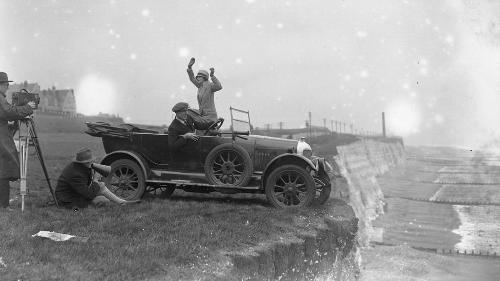 A scene from The Thrill is filmed on the cliffs at Brighton in 1926 (Credit: Fox Photos/Getty Images)