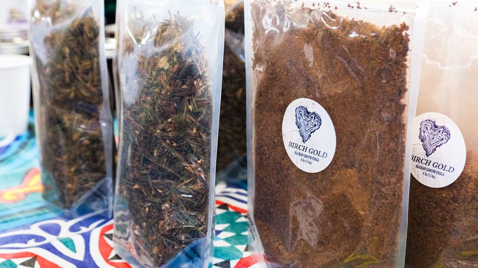 Chaga sellers offer versions of the edible fungus including tinctures, supplements and teas (Credit: Alisha McDarris)