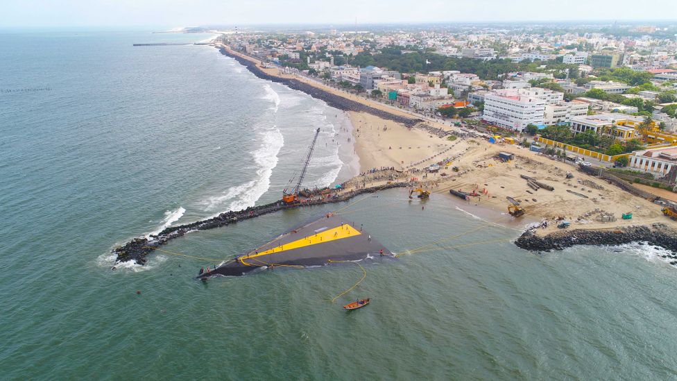 The large artificial reef structure was pulled out from shore. Since then, it has been helping slow erosion of the beach (Credit: NCCR/NIOT)