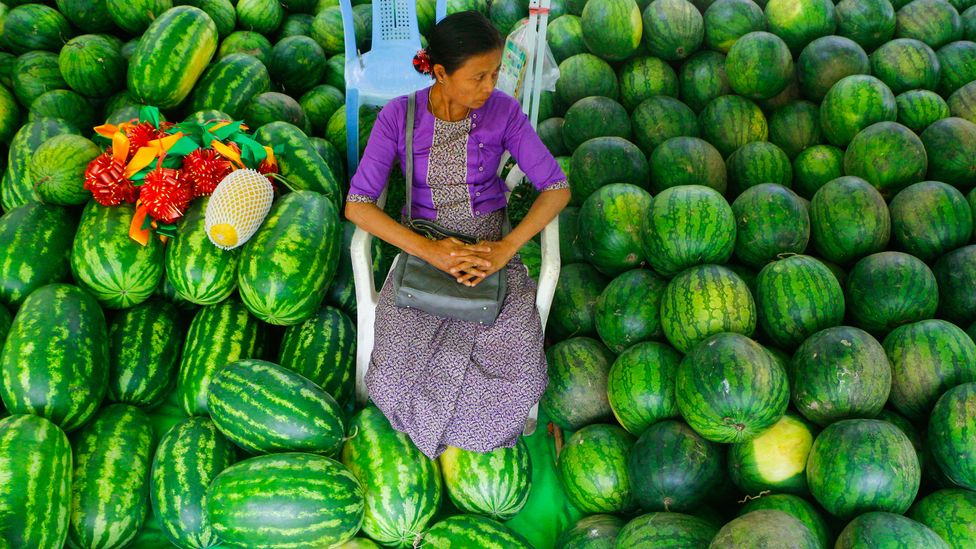 Woman sitting surrounded by watermelons (Credit: Gettty Images)