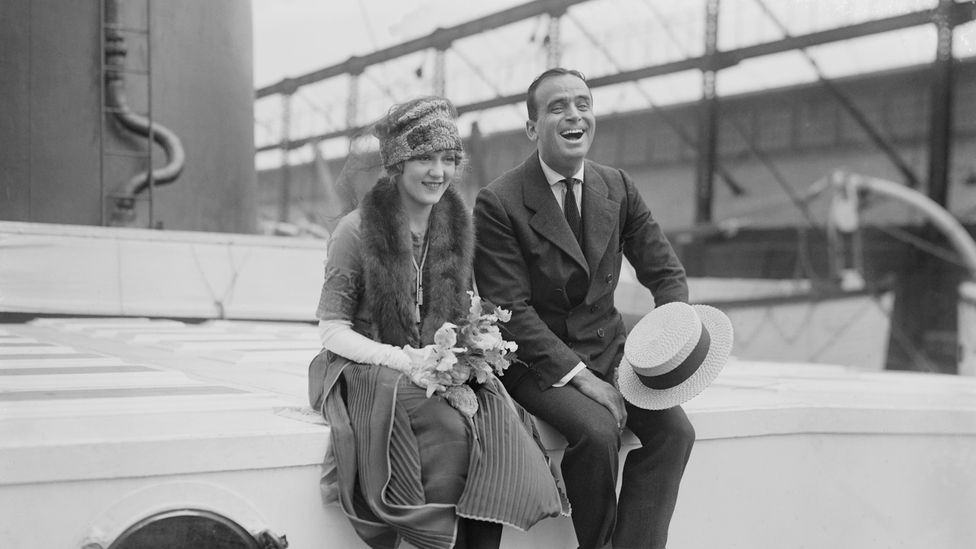 Here pictured on their honeymoon, silent movie-era power couple Mary Pickford and Douglas Fairbanks were followed everywhere by the press (Credit: Alamy)