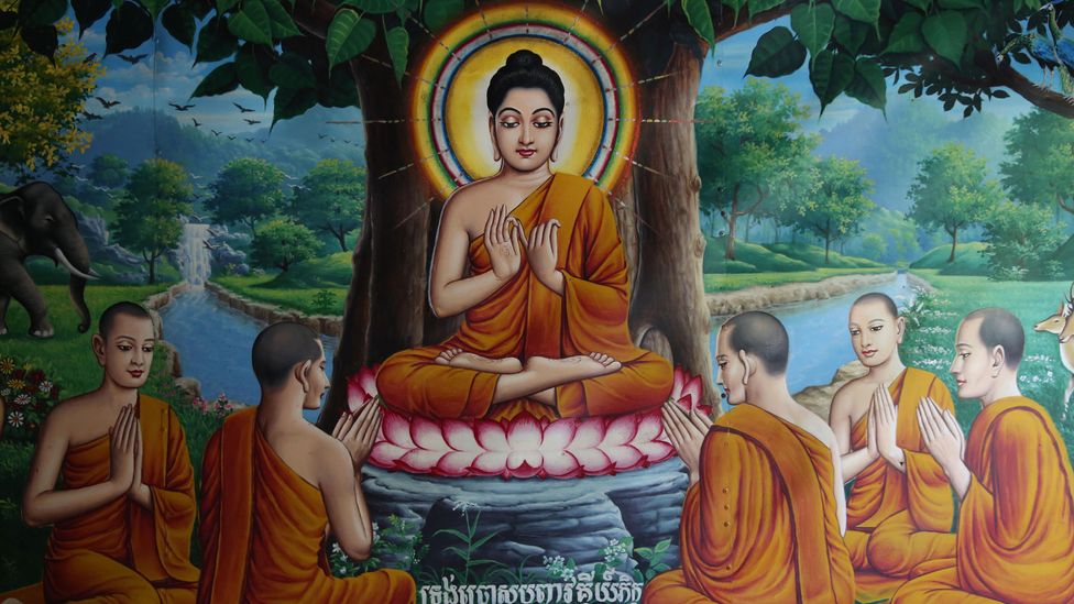 Buddha is shown with a halo in images around the world, such as in this Cambodian temple fresco (Credit: Alamy)