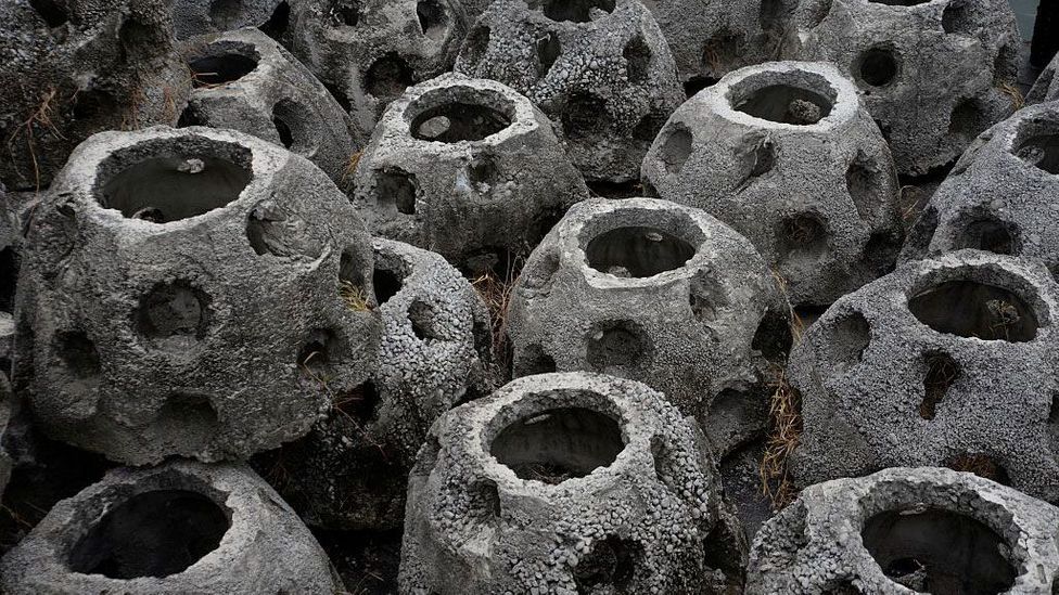 A rare time where concrete works with nature: balls designed to foster reef growth offshore at Puerto Quetzal, in Guatemala (Credit: Orlando Estrada/Getty Images)