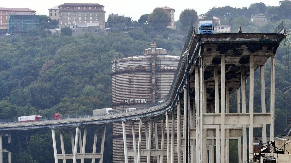 The slender concrete legs of a bridge in Italy that collapsed in 2018 (Credit: Valery Hache/Getty Images)