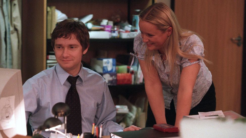 The relationship between the characters Tim (Martin Freeman) and Dawn (Lucy Davis) was praised by Notting Hill screenwriter Richard Curtis (Credit: BBC)