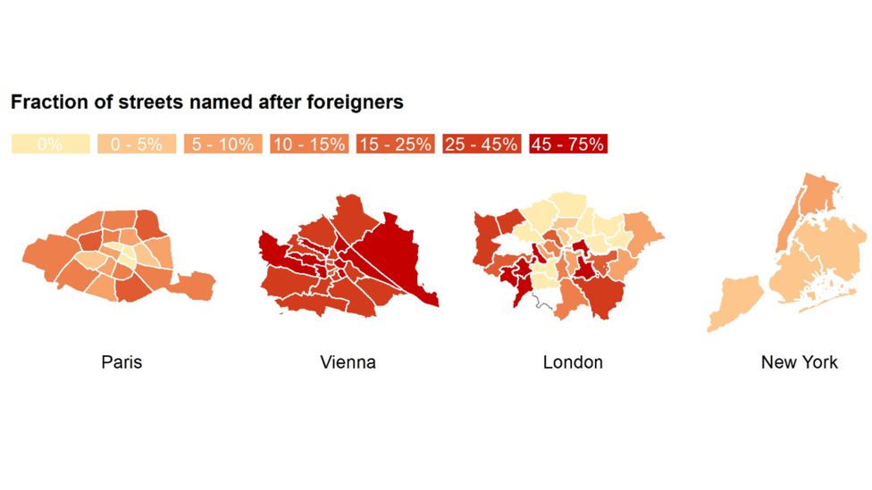 New York seems to have been the least willing to name streets after foreigners (Credit: Social Dynamics/Nokia Bell Labs) New York seems to have been the least willing to name streets after foreigners (Credit: Social Dynamics/Nokia Bell Labs)