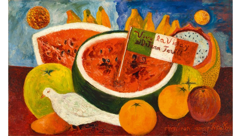 Kahlo included the Mexican flag and the dove as motifs in her later work, such as Still Life (Long Live Life), 1953-54 (Credit: Rafael Doniz/ Banco de Mexico/ VG Bild-Kunst)