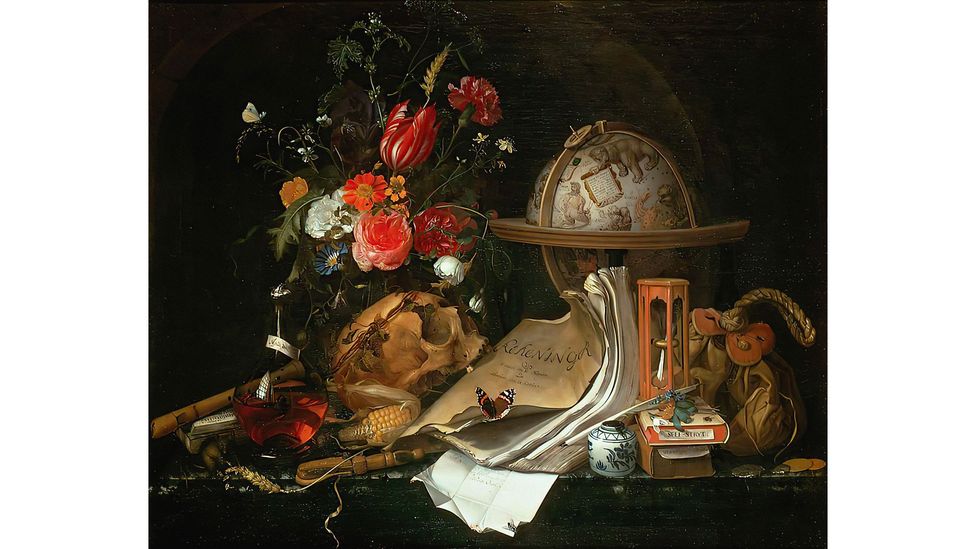 The red admiral on the book in Maria van Oosterwijck’s Vanitas Still Life (1668) offers a warning about materialism (Credit: Alamy) The red admiral on the book in Maria van Oosterwijck’s Vanitas Still Life (1668) offers a warning about materialism (Credit: Alamy)