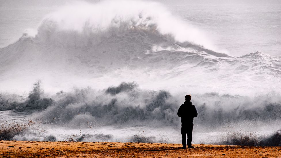 Man looking out to huge waves in Nazaré, Portugal