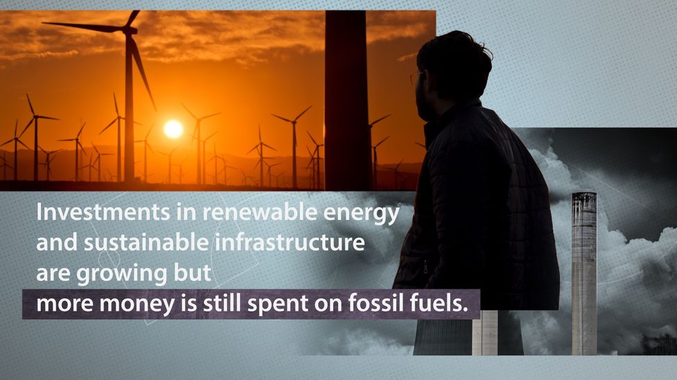 Investment in renewables is rising but fossil fuels still gain more funding (Source: United Nations, Credit: Adam Proctor/BBC)