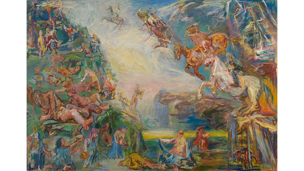 A terrifying scene is portrayed in the central painting, as the horsemen of the Apocalypse descend on humanity (Credit: Fondation Oskar Kokoschka DACS 2021/ The Courtauld)