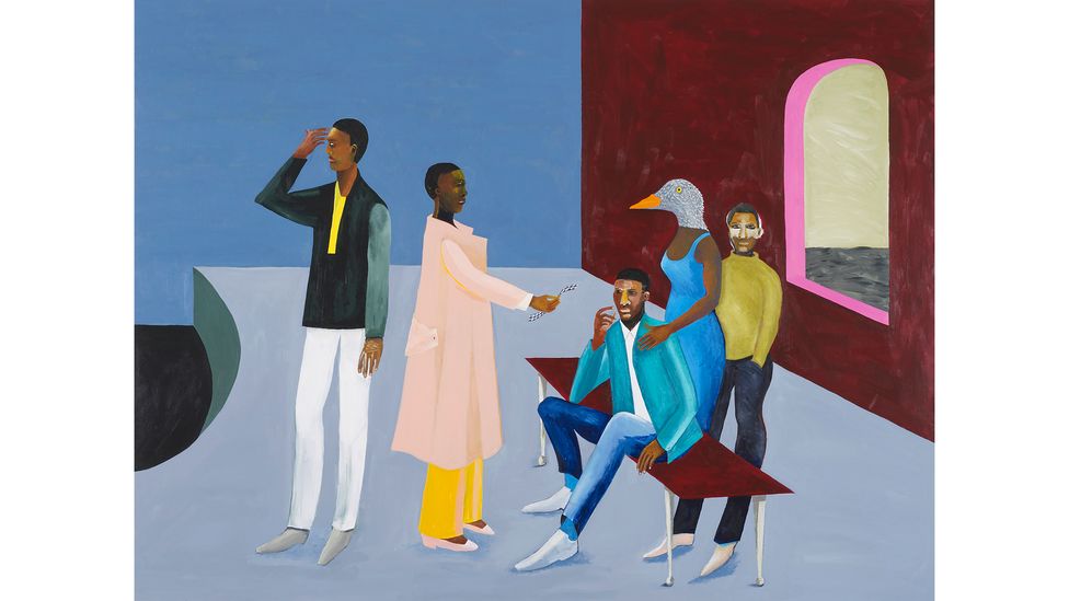 Le Rodeur: Exchange (2016) es una de una serie de pinturas de Himid sobre un barco que navega con africanos capturados a bordo (Crédito: Cortesía del artista / Hollybush Gardens)