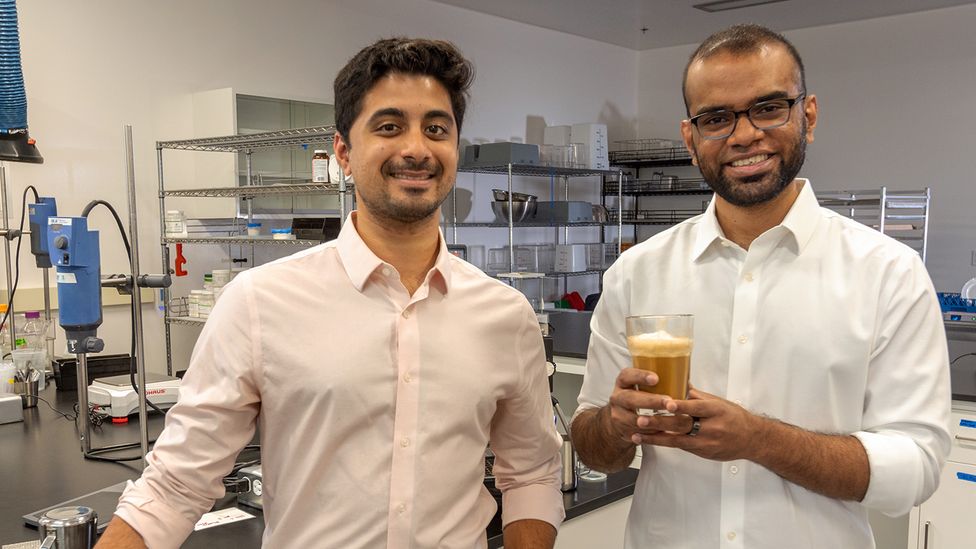 Bioengineers Ryan Pandya and Perumal Gandhi have used genetically engineered fungi to produce milk proteins found in dairy (Credit: BBC)