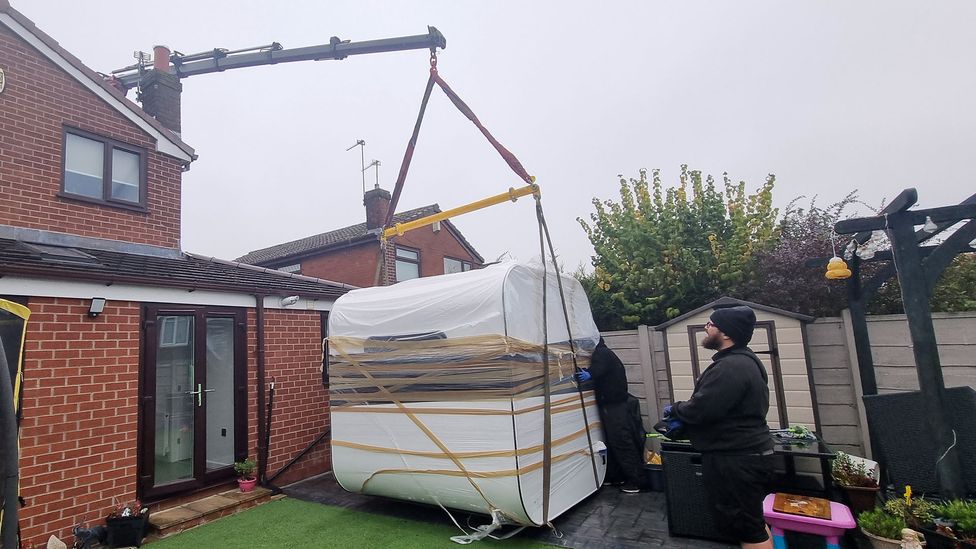 Ryan Williams's aluminium office pod arrived in his Manchester, UK garden in November (Credit: Ryan Williams)
