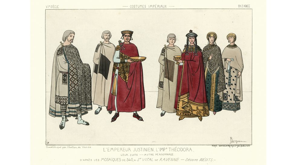 In many early cultures, similar attire was worn by all genders – such as the robes worn by the Byzantine Emperor Justinian and Empress Theodora (Credit: Getty Images)