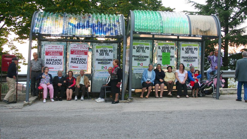 'Waste' plastic cups are being turned into bus shelter roofs in Italy (Credit: Folke Kobberling/Martin Kaltwasser)