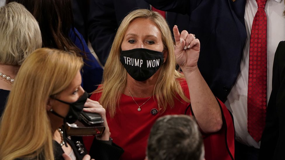 Marjorie Taylor Greene with pro-Trump mask (Credit: Joshua Roberts/Reuters/Getty Images)