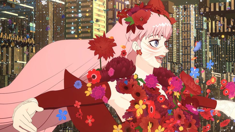 The beauty of the film's virtual world &quot;U&quot; is established with Bell's first appearance in a gown made of live roses (Credit: Studio Chizu)