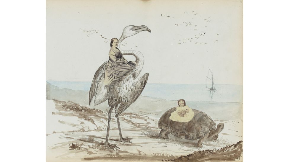 The collages can offer a surrealist vision, such as Georgiana Louisa Berkeley's Old Lady Riding a Flamingo and Little Girl Sitting on a Turtle (1866-1871) (Credit: Musée d'Orsay)