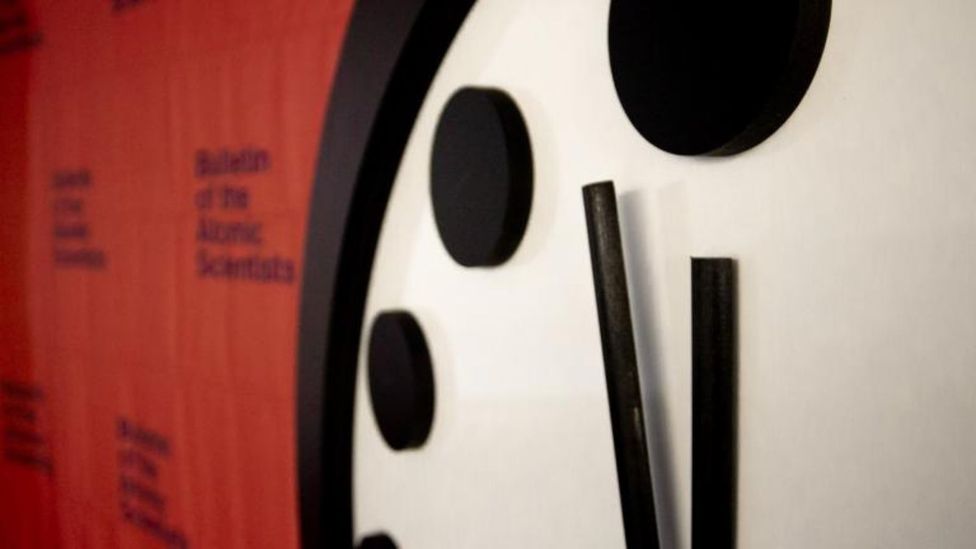 The Doomsday Clock, 100 seconds to midnight (Credit: Thomas Gaulkin, Bulletin of the Atomic Scientists)