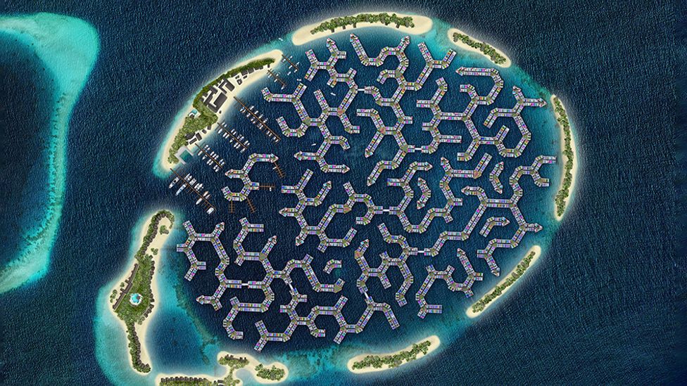 The ocean-based development of Maldives Floating City is an ambitious plan to relieve pressure on land and provide homes (Credit: Koen Olthuis/Waterstudio)