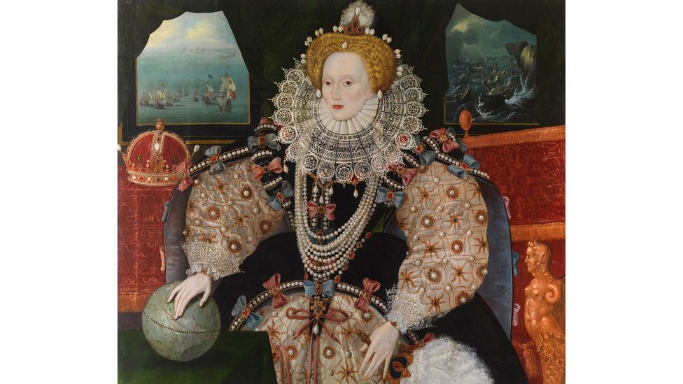 A portrait of Queen Elizabeth l to celebrate the Armada emphasises her status as the "Virgin Queen" in the pearl-bodice detail (Credit: National Maritime Museum)