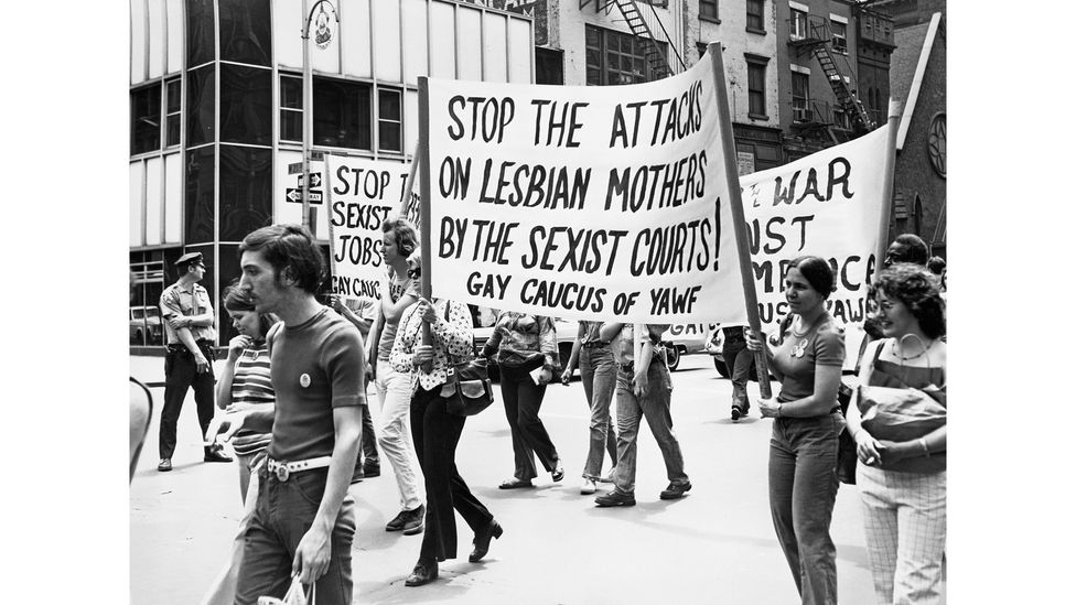 Activists march in support of lesbian mothers' custody rights in a Pride Parade in New York City in 1975 (Credit: Peter Keegan/Keystone/Hulton Archive/Getty Images)