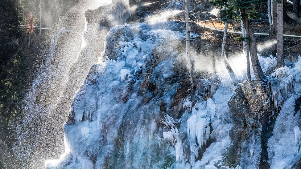 The park tries to mimic natural climbable ice forms, like a frozen waterfall or water seeping out of the rock (Credit: Xander Bianchi/Ouray Ice Park, Inc.) The park tries to mimic natural climbable ice forms, like a frozen waterfall or water seeping out of the rock (Credit: Xander Bianchi/Ouray Ice Park, Inc.)