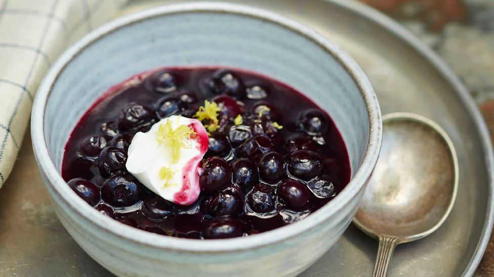 A berry soup by modern chef Jeffrey Yoskowitz, inspired by Fania Lewando’s The Vilna Vegetarian (Credit: Lauren Volo for the Gefilte Manifesto, Flatiron Books)