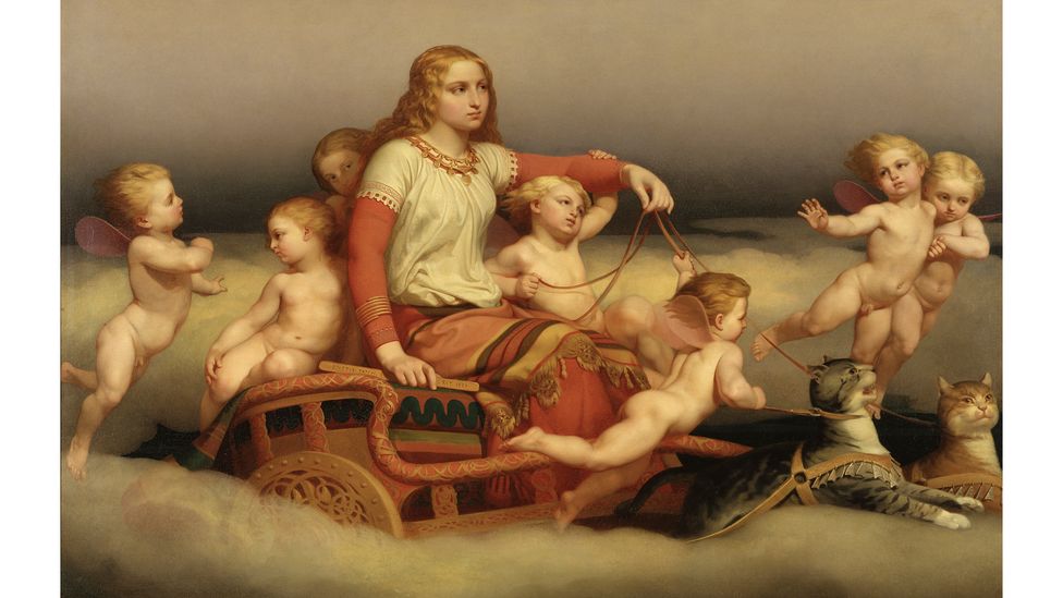 In Norse mythology, Freyja, the goddess of fertility, love, and luck, rode on a chariot led by two male cats (Credit: Fine Art Images/Heritage Images/Getty Images)