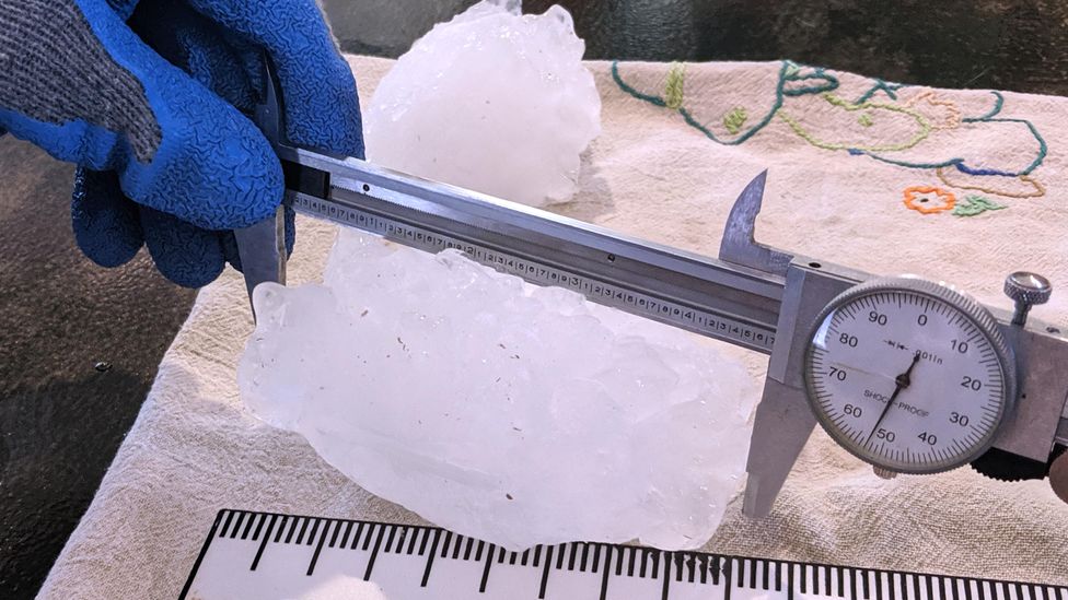 A hailstone measuring 4.83in (12cm) at its widest point was collected after a storm in Bethune, Colorado, US, in 2019 (Credit: National Weather Service, Goodland Forecast Office)