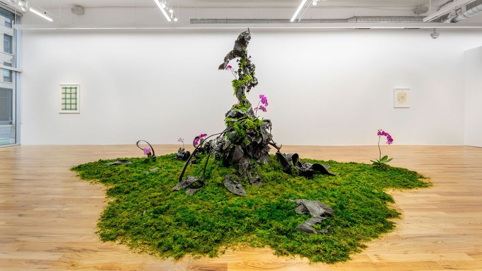 Monument by Regan Rosberg combines black plastic with moss and orchids to startling effect (Credit: Weinberg/Newton Gallery, Chicago, IL. Photography by Evan Jenkins)