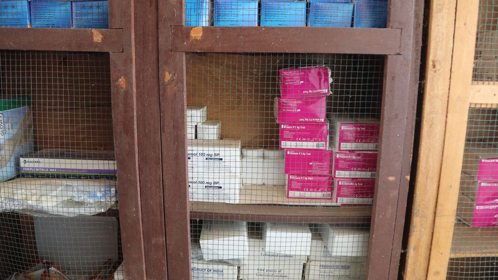 Drug stocks and health supplies including malaria tests, condoms and paracetamol for community health worker distribution at a health centre in Konobo (Credit: Peter Yeung)
