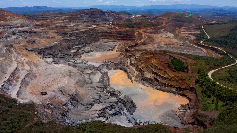 Aerial view of the Alto Bandeira iron ore mine in Brazil. Copper, iron, aluminium, zinc, lead and nickel together account for 98% of all mined metals (Credit: M.Pimentel/Getty)