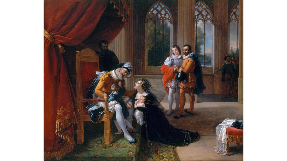 This 1822 painting by French artist Eugenie Serveries depicts Inês pleading for mercyat the feet of King Afonso (Credit: Alamy)