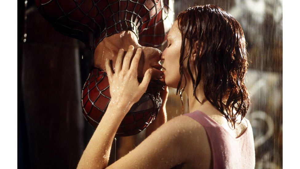 The upside-down kiss between Maguire and Kirsten Dunst's Mary Jane is both iconic and embodies the film's old-school romanticism (Credit: Alamy)