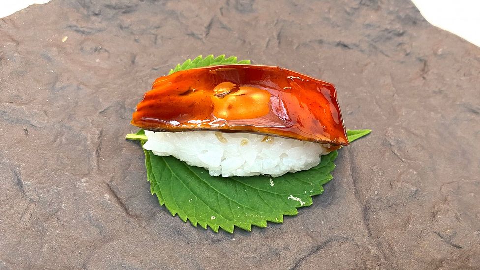 Monkfish nigiri: a single slice of monkfish liver soaked overnight in lactose-free milk (Credit: Sofia Perez)