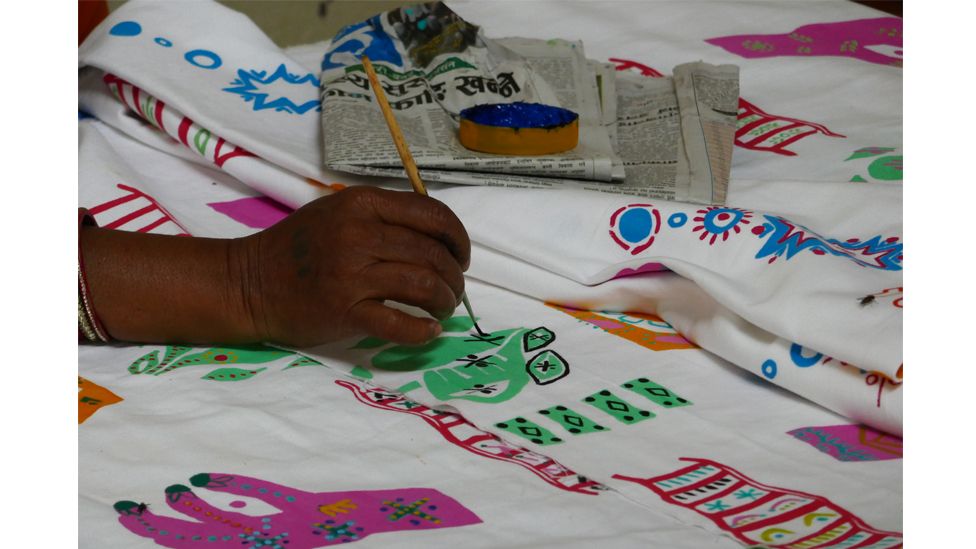 Creating bold, graphic prints, Ellen Rock collaborated with Madhumala Mandal and other women hand painters of Mithila, Nepal (Credit: Ellen Rock)