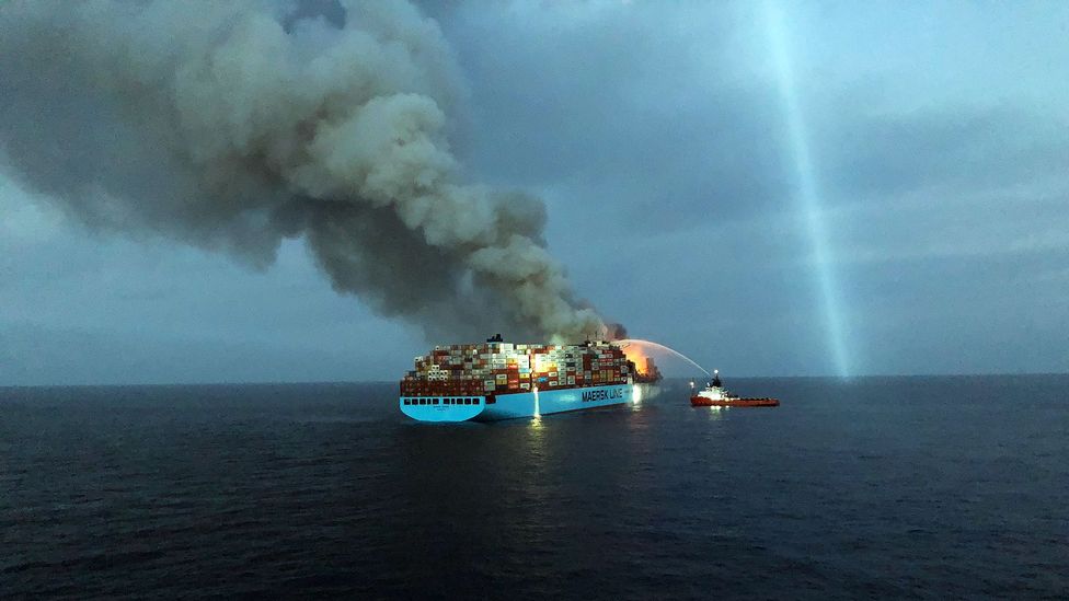 Putting out a fire on the open ocean is a difficult task, so the Maersk Honam was towed to port before the fire could be finally extinguished (Credit: Boskalis)