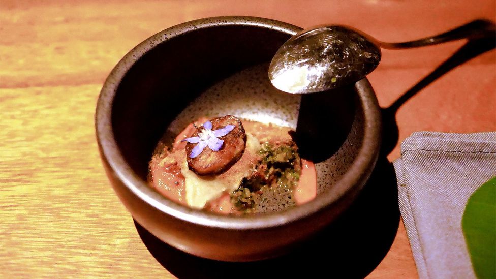 Eggplant tartare with cream of red pepper topped with plantains and herbs (Credit: Alicia Erickson)