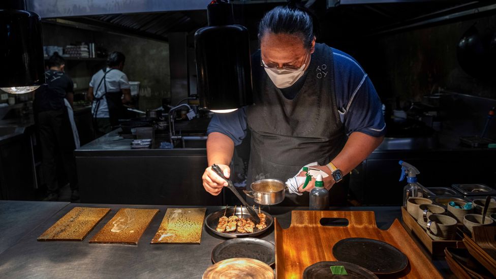 At Toyo Eatery, Chef Navarra serves up a high-end version of BBQ that uses three cuts of pork and a concentrated reduction glaze (Credit: Scott A Woodward)