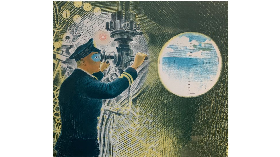 Three decades after his death, a portfolio of Ravilious's war art was discovered, including Commander of a Submarine Looking Through a Periscope (Credit: Foxtrot Films)