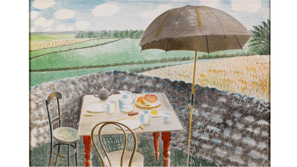 Tea at Furlongs was painted as war began – Alan Bennett notes: "It's seemingly a very peaceful scene but its emptiness is ominous" (Credit: Fry Art Gallery/ Foxtrot Films)