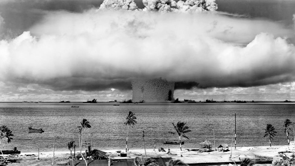 The underwater nuclear explosion at the Bikini Atoll in the Marshall Islands resulted in a low, flat mushroom cloud of water and radioactive debris (Credit: Getty Images)